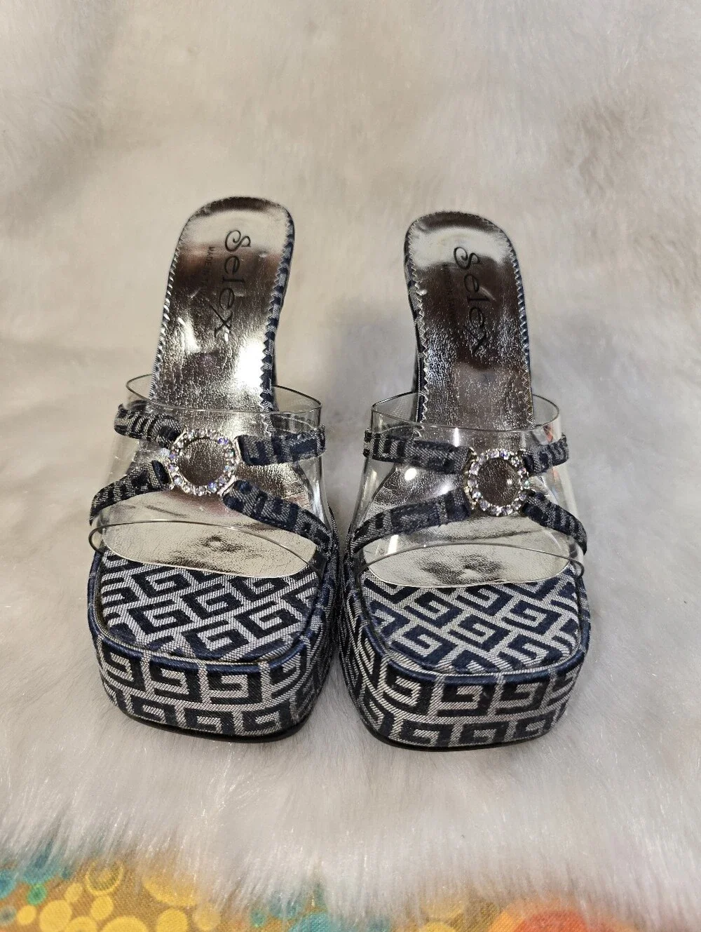 Selex Womens Navy & Siver Platform Mule Slide Sandals